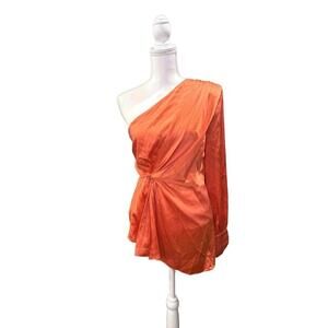 Cinq a Sept One-Shoulder Long Sleeve Silk Blouse in Orange, Large